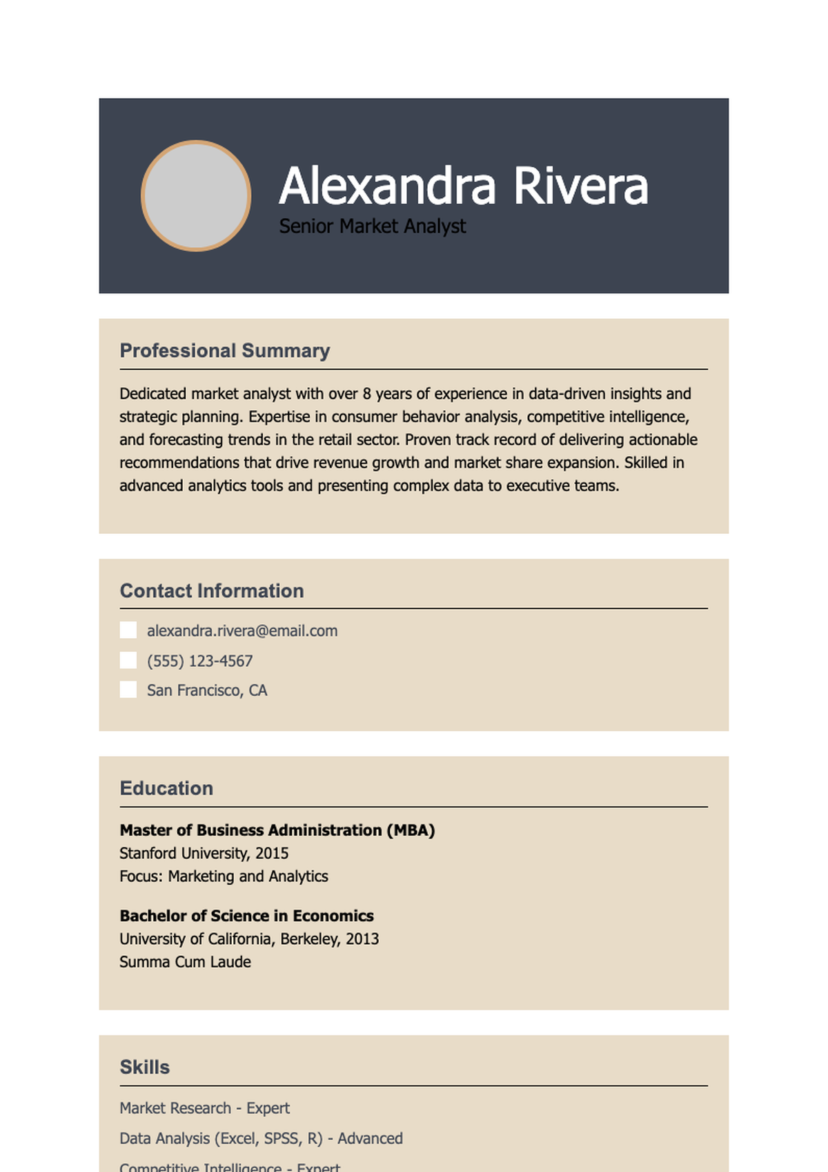 Modern market analyst resume with photo and skills sidebar_variant_3